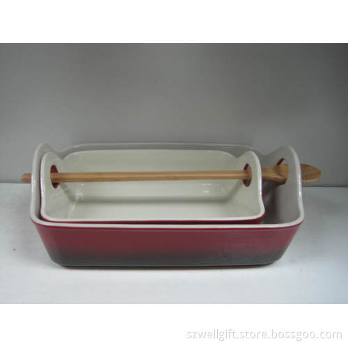 Set of 2 Rectangular Bakeware with Bamboo Spoon